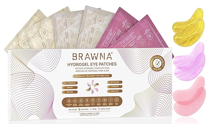 BRAWNA Hydrogel Undereye Mask Patch Gift Set with Hyaluronic Acid, Collagen, Retinol, Caffeine, Peptide, Kojic Acid, Arbutin - For Dark Circles, Puffy Eyes, Undereye Bags, Wrinkles -12 Pairs