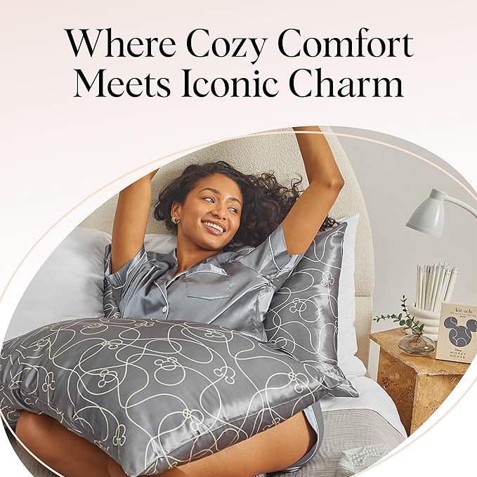 Kitsch Disney Mickey Mouse Satin Pillowcase with Zipper Softer Than Silk, Cooling Pillow Case for Hair & Skin, Wrinkle-Free, Machine Washable, Queen/Standard (19x26)