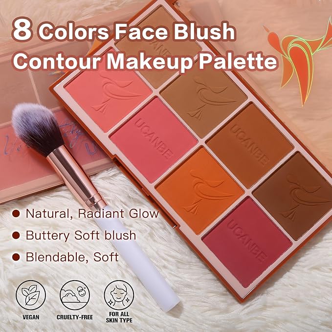 8 Colors Face Matte Blush Palette Shading Blusher - Buildable Facial Cheek Blusher Contour Bronzing Pressed Powder Makeup Pallet Women Gift Set (8 Colors Blush Contour Palette with brush)
