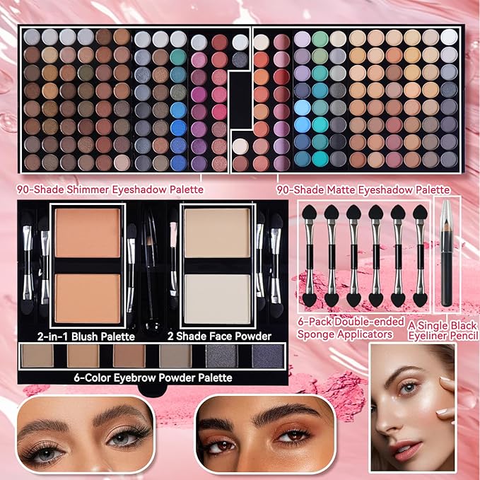 Pure Vie All-in-One Holiday Gift Makeup Set Essential Starter Bundle Include Eyeshadow Palette Lipgloss Concealer Blush Eyebrow Foundation Face Powder Eyeliner Pencil - Make up Kit for Women Full Kit