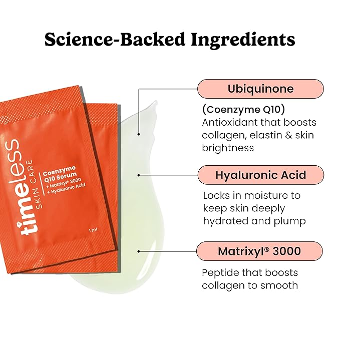 Timeless Skin Care Coenzyme Q10 Serum - Skin Care Serum for Smoothing - Fragrance-Free - Coenzyme Q10 - with Hyaluronic Acid - Pouches