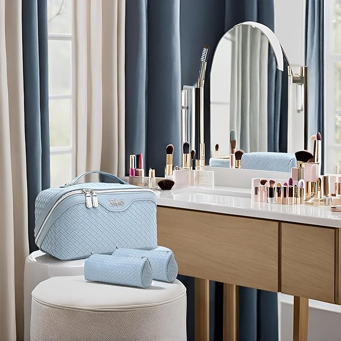 BOYATU Travel Makeup Bags for Women: Large Makeup Organizer - PU Leather Make up Bag Set of 3 - Portable Toiletry Bag with Compartments & Handle & Divider (L04 Light Blue)