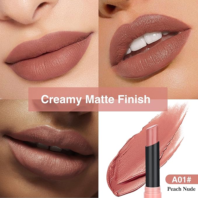 Pink Nude Matte Lipstick，Creamy Silky Matte+Lipsticks，Hydrating Balm-in-Lipstick，Velvety Finish for Women Daily Lip Makeup，High-pigment Formula，Easy to use and color，Vegan & Cruelty-Free 01#