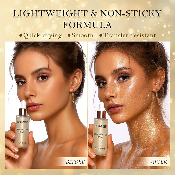 Liquid Glitter Highlighter Glow Drops – Face Highlighter & Body Shimmer Makeup, Illuminating Radiant Glow for Festival Rave Party, Long Lasting 01 Champagne Gold