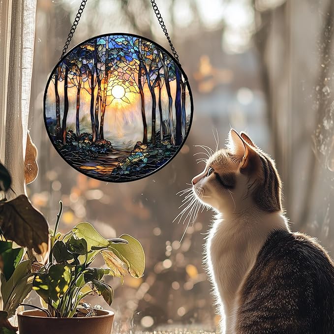 Stained Glass Window Hanging, Forest Sunrise Smoke Blue Brown Tree Suncatcher for Doors Window Home Landscape Sun Catchers Decor Mother's Day Birthday Gifts for Women, Men Mom 11.8 in