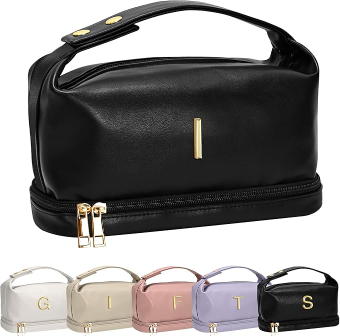 Birthday Gifts for Women, Personalized Makeup Bag with Handle, Initial Double Layer Cosmetic Bag with Makeup Brush Organizer, PU Leather Travel Toiletry Bag, Gifts for Friends Female Mom