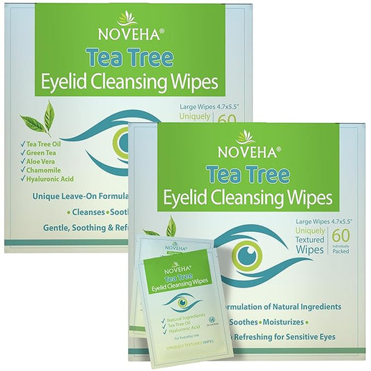 NOVEHA 120Pcs Tea Tree Oil Eyelid & Lash Wipes With Hyaluronic Acid, Green Tea & Chamomile For Blepharitis & Itchy Eyes, Individually Wrapped Eyelash Wipes, Natural Makeup Remover & Cleanser (2 Pack)