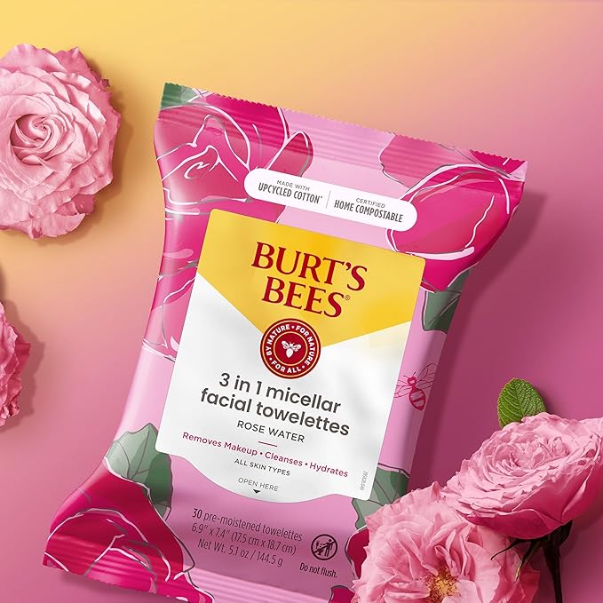Burt's Bees Back To School Dorm Essentials, Rose Water Face Wipes, for All Skin Types, Hydrating Micellar Makeup Remover & Facial Cleansing Towelettes, 30 Ct (3-Pack)
