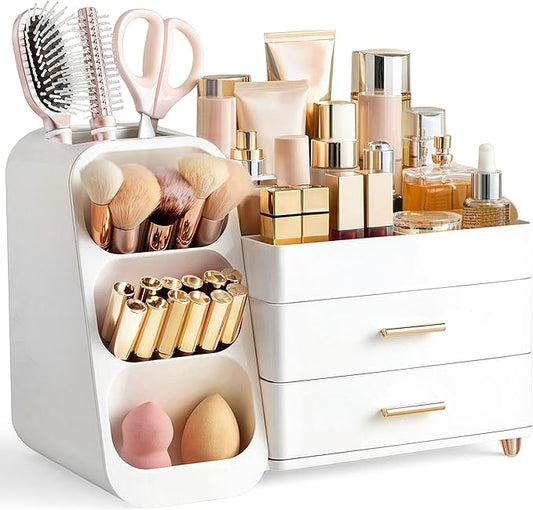 HBlife Makeup Organizer with Brush Holder for Vanity, Large Plastic Bathroom Countertop Organizer Skin Care Storage, Easy to Store Lipsticks, Nail Polishes, Perfumes, Eyeshadow Palettes, All White