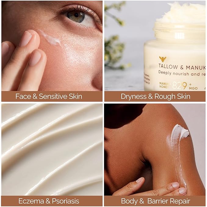 100% Organic Grass-Fed Beef Tallow and Manuka Honey Balm, Natural Moisturizer Cream for Face & Body, Eczema Relief Cream, Moisturizer for Dry Skin, Pure Tallow Face Moisturizer for Sensitive Skin, 4oz