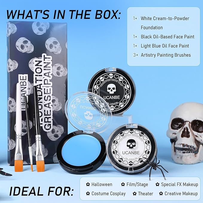 White Black & Light Blue Face Body Paint for Halloween Sally & Corpse Bride Makeup, Non-Toxic Face Painting Kit with Brushes for Kids Adults Smurf Avatar Mermaid & Demon Costume Cosplay SFX Make Up