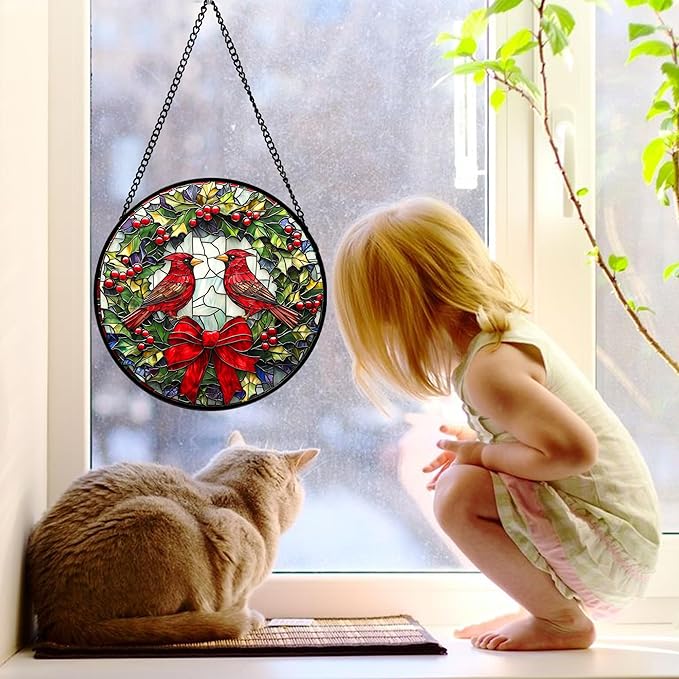 Stained Glass Window Hanging - Cardinals Green Wreath Suncatcher for Doors Home Christmas Decoration Red Bird Sun Catcher Thanksgiving New Year Birthday Gift for Women Men Mom Nana 9.8 in