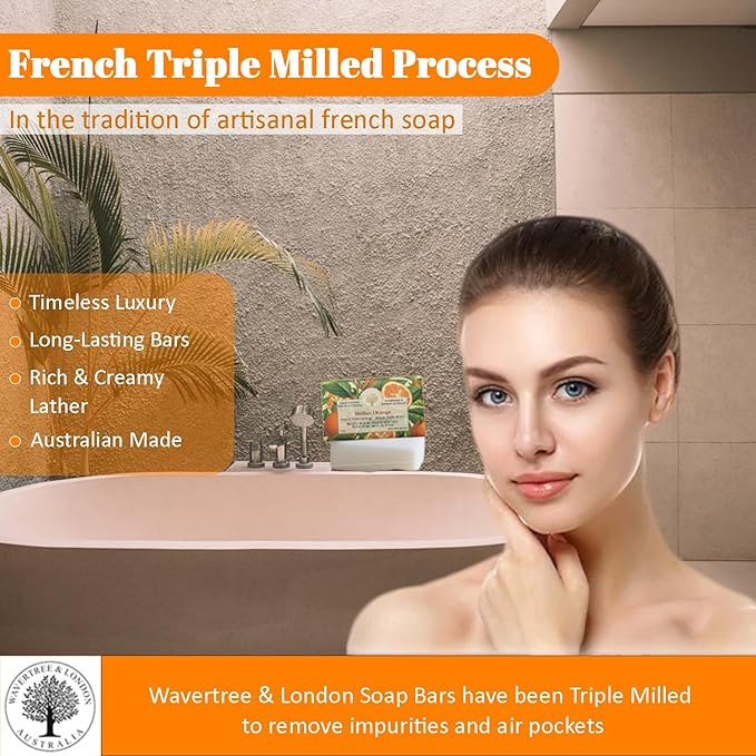 Wavertree & London Sicilian Orange Scented Natural Soap (2 Bars), 7oz Moisturizing French Triple Milled Soap Bars enriched with shea butter - Pure Plant Based Bath & Body Bars for All Skin Types