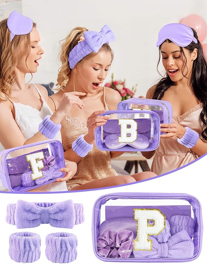 Gift Sets for Women, Initial Makeup Bag with Makeup Brush Set Bachelorette Party Favors, Purple Spa Kit with Skincare Headbands Wrist Bands Sleepover Party Supplies Gifts for Teen Girls Bridesmaid P