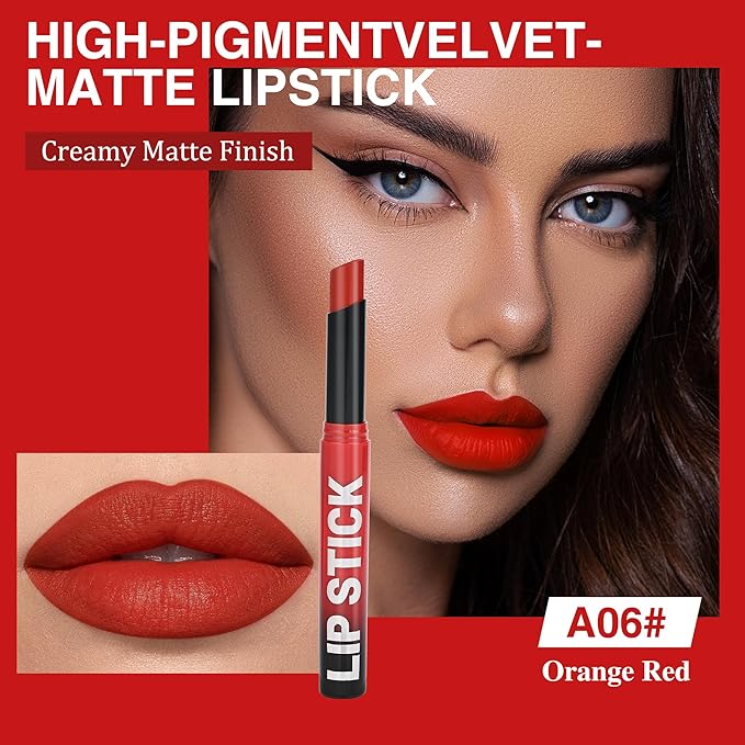 Rouge Red Matte Lipstick，Creamy Silky Matte+Lipsticks，Hydrating Balm-in-Lipstick，Velvety Finish for Women Daily Lip Makeup，High-pigment Formula，Easy to use and color，Vegan & Cruelty-Free 06#