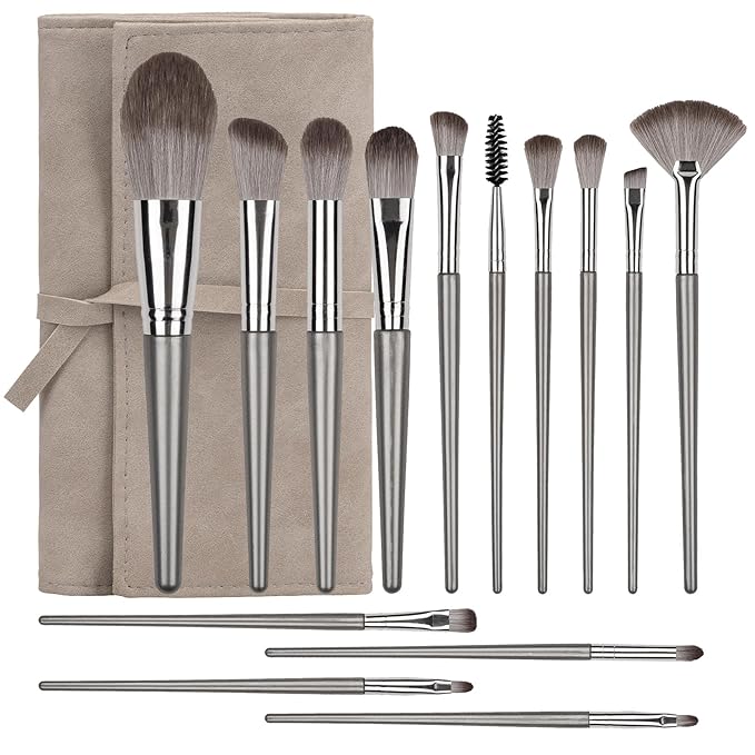 Makeup Brushes, 14 Pcs Professional Makeup Brush Set, Eye and Face Foundation Brush Set, Eyeshadow Brushes, Cosmetic Brushes, with PU Bag, Grayish