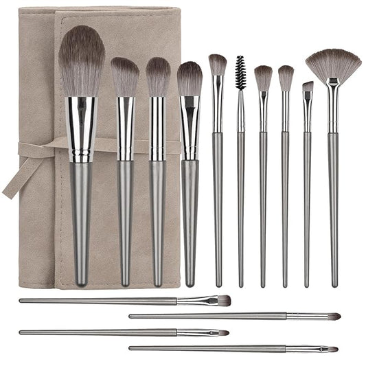 Makeup Brushes, 14 Pcs Professional Makeup Brush Set, Eye and Face Foundation Brush Set, Eyeshadow Brushes, Cosmetic Brushes, with PU Bag, Grayish
