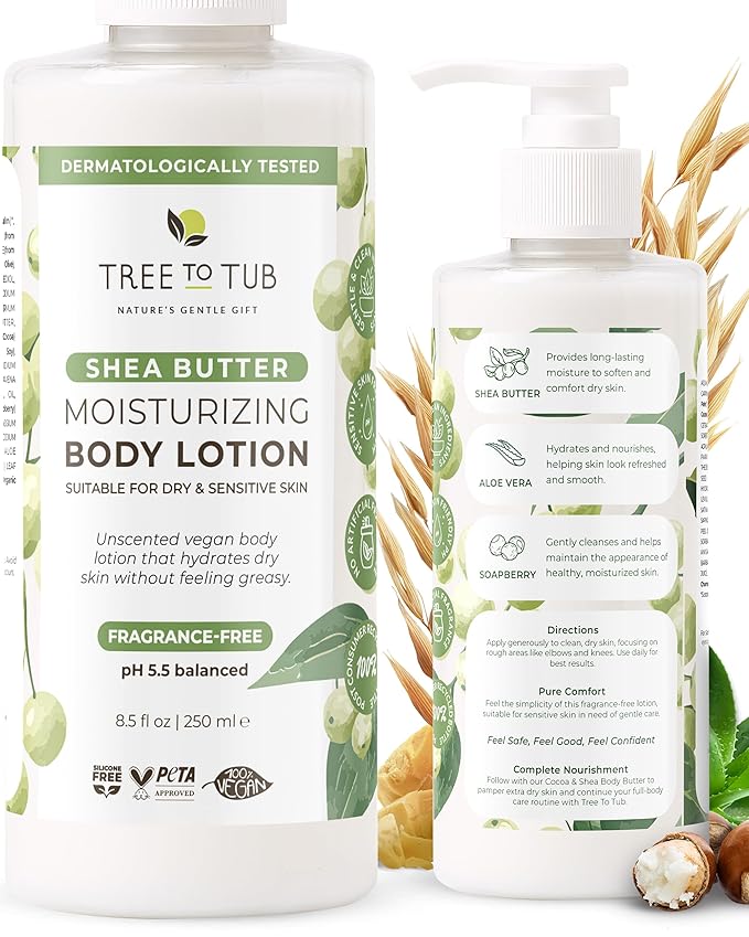 Tree to Tub Unscented Shea Butter Body Lotion for Dry Skin - Fragrance Free Lotion,Vegan Body Moisturizer, Good for Sensitive Skin for both Women & Men