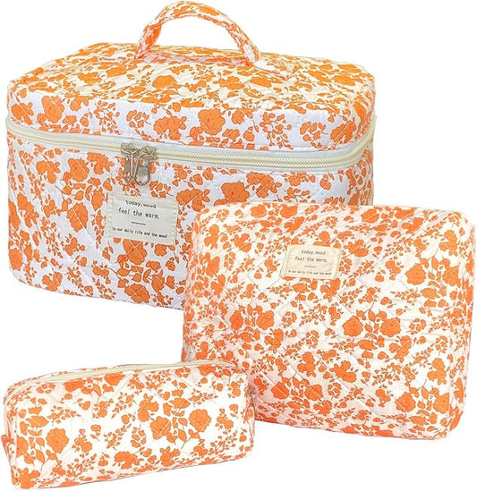 Orange Large Quilted Floral Makeup Bag Set of 3 Cute Coquette Aesthetic Cosmetic Bag Set Travel Toiletry Bag for Women