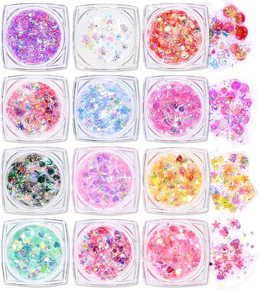 Ownest 12 Colors Holographic Chunky Glitter Gel Set, Christmas Party Makeup Face Body Eye Lips Hair Nail Cosmetic Festival Chunky Glitter Eyeshadow, Mixable, No Need Glue