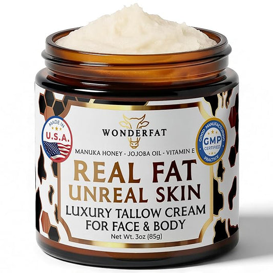 Whipped Tallow and Honey Balm for Face - Unscented Grass Fed Beef Tallow for Skin, Moisturizer Cream with Manuka Honey, Jojoba Oil, Mango Butter & Vitamin E - For Dry Skin & Body - 3 oz