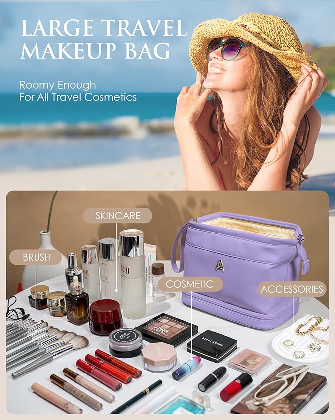 Tween Girls Trendy Stuff -Makeup Bags for Teens Girls, Double Layer Cosmetic Bag with Makeup Brush Organizer, Teacher Appreciation Gifts, Travel Toiletry Bag, Gifts for Kids