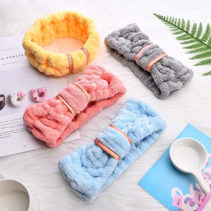 WILLBOND 4 Pack Microfiber Headbands Spa Facial Headbands Makeup Head bands Elastic Terry Cloth Head Wrap for Women Girls Washing Face Makeup Shower Yoga Sports(Bright Red, Light Blue, Yellow, Grey)