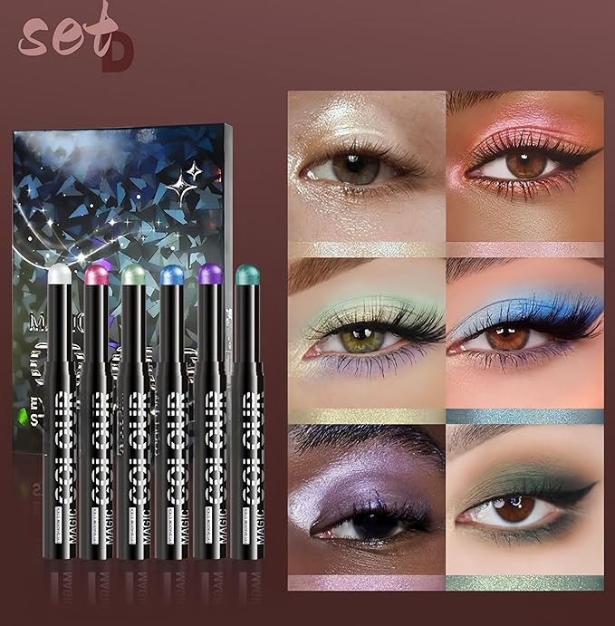 MAEPEOR Eyeshadow Stick Set 6 PCS Highly Pigmented Cream Eyeshadow Pen Waterproof and Long Lasting Shadow Pencil (Set 04)
