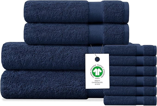 Delara Organic Cotton Luxuriously Plush Bath Towel 10 Piece Set|GOTS & Oeko-TEX Certified|Premium Hotel Quality Towels|Feather Touch Technology|650 GSM Long Staple|Soft, Quick Dry & Ultra-Absorbent