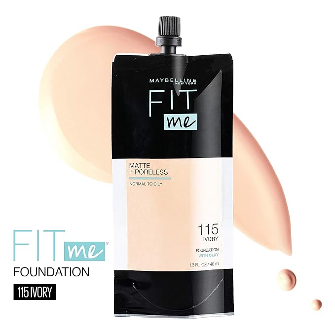 Maybelline New York Fit Me Matte + Poreless Liquid Foundation, Pouch Format, 115 Ivory, 1.3 Ounce