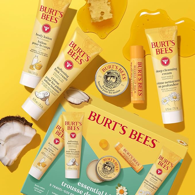 Burt's Bees Back to School Gift Ideas - Essentials Everyday Set, 5 Travel Size Products - Deep Cleansing Cream, Hand Salve, Body Lotion, Foot Cream and Original Lip Balm