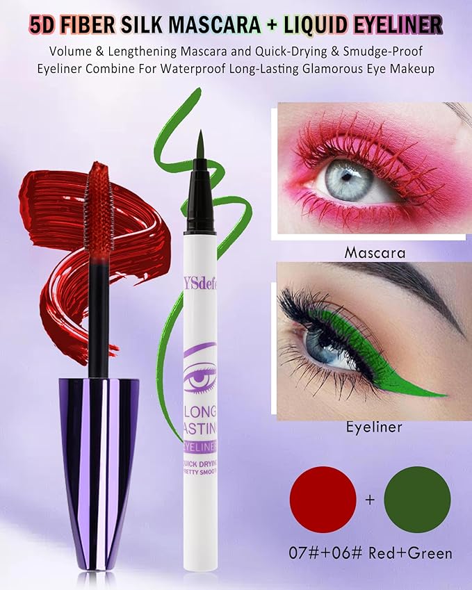 Red Mascara Green Eyeliner Set,5D Waterproof Fiber Colored Mascara Volume and Length,Longlasting Smudgeproof Color Eye Liner Pen,Cosplay Party Stage Use,Mother's Day Makeup Gift Kit for Women Girl