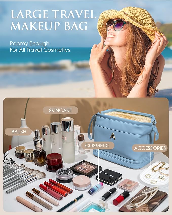 Wedding Gift Initial Makeup Bag, Personalized Double Layer Cosmetic Bag with Makeup Brush Organizer, Waterproof, Large Capacity PU Leather Travel Toiletry Bag Retirement Gifts, Daughter Gifts