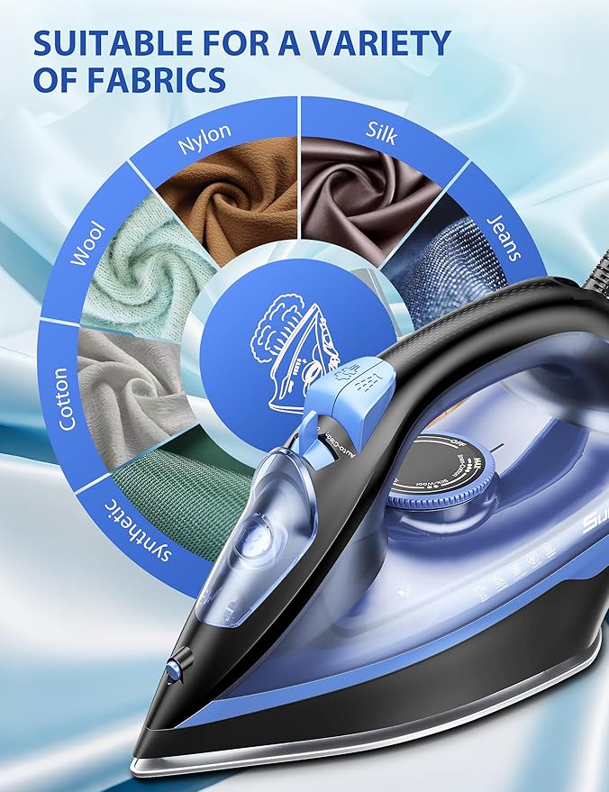 Steam Iron for Clothes, 500 Microsteam Holes, Ceramic Soleplate, 3-Way Auto-Off, Fast Heat-up, Burst of Steam, Precision Tip, Self-Clean, Anti-Calc, Steamer for All Fabrics