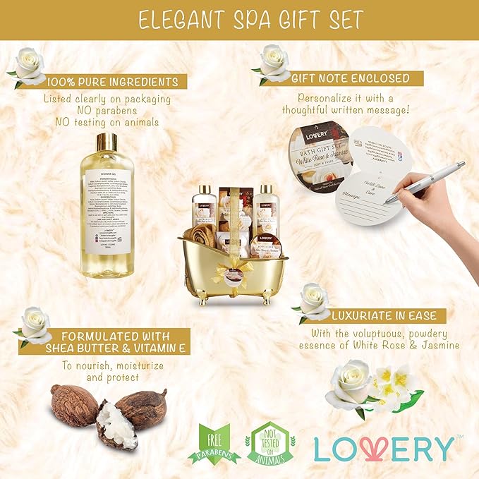 Gifts for Women Home Spa Gift Basket, Luxury 13pc Bath & Body Set Men & Women, White Rose & Jasmine Scent - Shower Gel, Bubble Bath, Body Scrub, Salts, 6 Bath Bombs, Pouf, Cosmetic Bag & Gold Tub