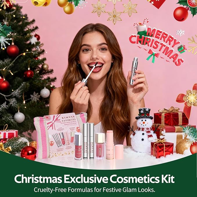 KIMUSE All in One Makeup Kit for Women, Girls, Teens with Makeup Bag, 4 Pcs Makeup Gifts Set Includes Lip Stain,Lip Plumper,Liquid Blush,Multi Balm Stick, Christmas Make Up Collection, Holiday Present