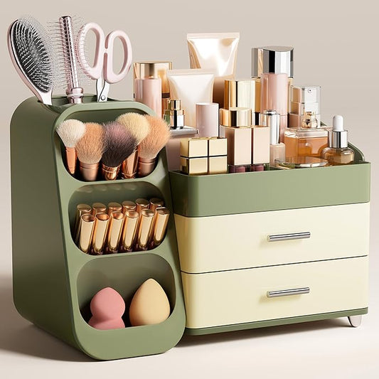 HBlife Makeup Organizer with Brush Holder for Vanity, Large Plastic Bathroom Countertop Organizer Skin Care Storage, Easy to Store Lipsticks, Nail Polishes, Perfumes, Eyeshadow Palettes, Mix Green