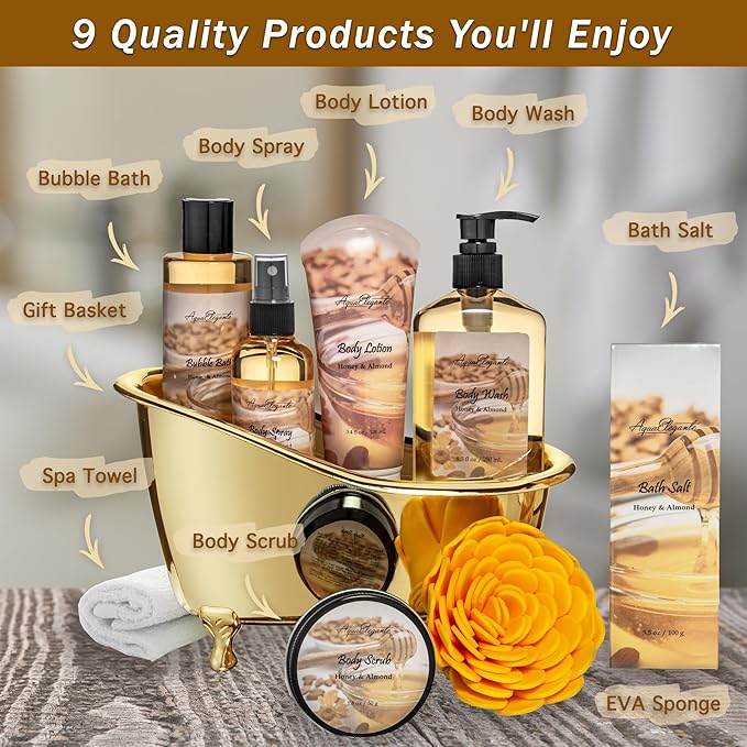 Spa Gift Baskets For Women - Luxury Bath Set With Honey & Almond - Spa Kit Includes Body Wash, Bubble Bath, Lotion, Bath Salts, Body Scrub, Body Spray, Shower Puff, and Towel