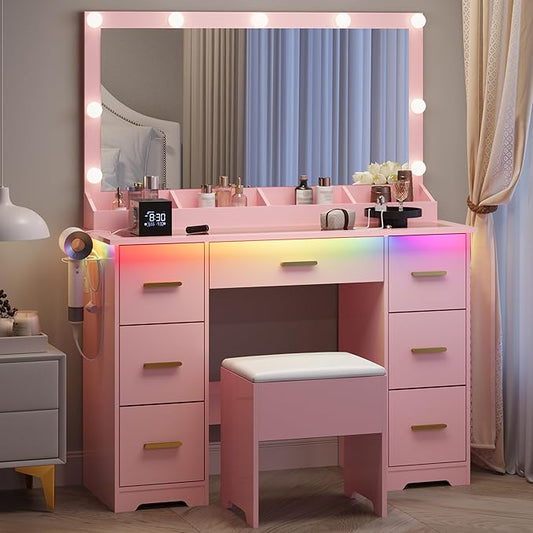 Makeup Vanity with Large Lighted Mirror and Chair, 7 Drawers Vanity Makeup Desk Table with Power Strip, Adjustable Lighting, and Cushioned Storage Stool for Women, Girls