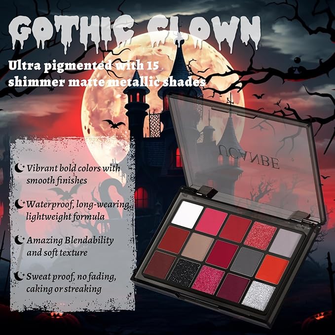 UCANBE Red Halloween Makeup Kit – Clown Vampire Joker Demon Makeup Set for SFX Costume Cosplay with Eyeshadow Palette, White Foundation, Red Liquid, Black Eyeliner, Setting Powder & Sponges