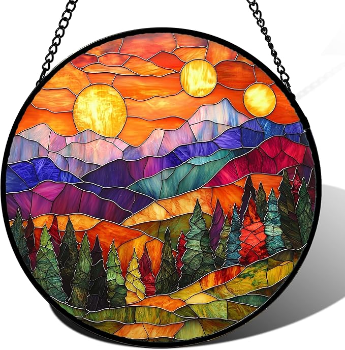 Stained Glass Window Hanging, Sunset Abstract Sun Catchers Colorful Glass Panel Landscape Suncatcher Decor for Birthday for Women, Men, Wife, Aunt, and Mom 14.9x14.9 in