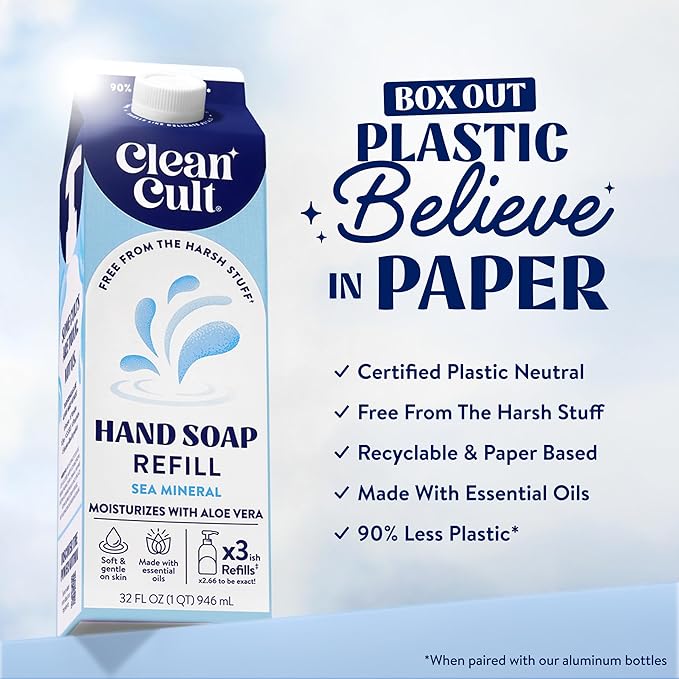 Cleancult - Liquid Hand Soap Refills - Sea Minerals - Gentle On Sensitive Skin - Made with Aloe Vera & Essential Oils - Eco Friendly - Paper-Based Packaging - 32 oz/3 Pack