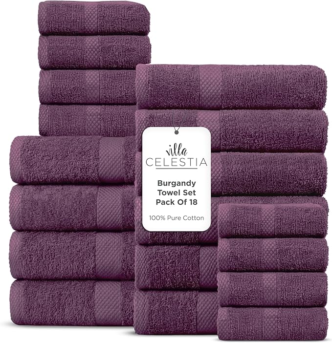 100% Cotton Bath Towel Set of 18-4 Bath Towels, 6 Hand Towels, 8 Wash Cloths, Sustainable, Soft, Highly Absorbent, Combed Cotton 18 Piece Set for Hotels, Spa, Bathroom, Dorm, Burgandy