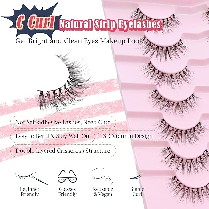 Natural Lashes False Eyelashes 10MM Short Lashes for Small Eyes C Curl Fake Eyelashes Thin Cotton Band 3D Volume Strip Lash Pack Soft Eyelashes 7 Pairs Siligli