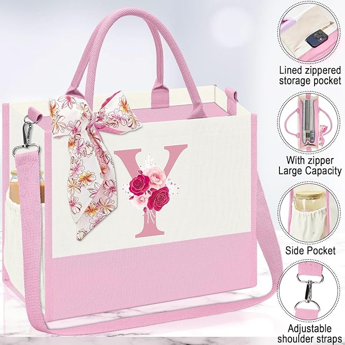 Gifts for Women,Initial Canvas Tote Bag,Personalized Gift for Woman,Monogrammed Gifts for Women,Initial Makeup Bag,Birthday Gift for Mom,present for Niece Sister-Y