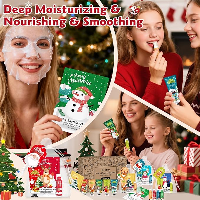 60 Pack Christmas Hand Cream, Facial Mask and Lip Balm Set, Christmas Stocking Stuffers for Women, Bulk Christmas Gifts for Coworkers, Christmas Party Supplies, Party Favors and Christmas Decorations