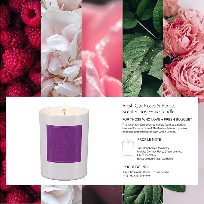 Aromatherapy Scented Candle Natural Soy Wax Roses and Berries Scented Essential Oil Lavender Candle 50 hr Long Burning for Relaxation Holiday Candle Gift for Christmas Anniversary for Her