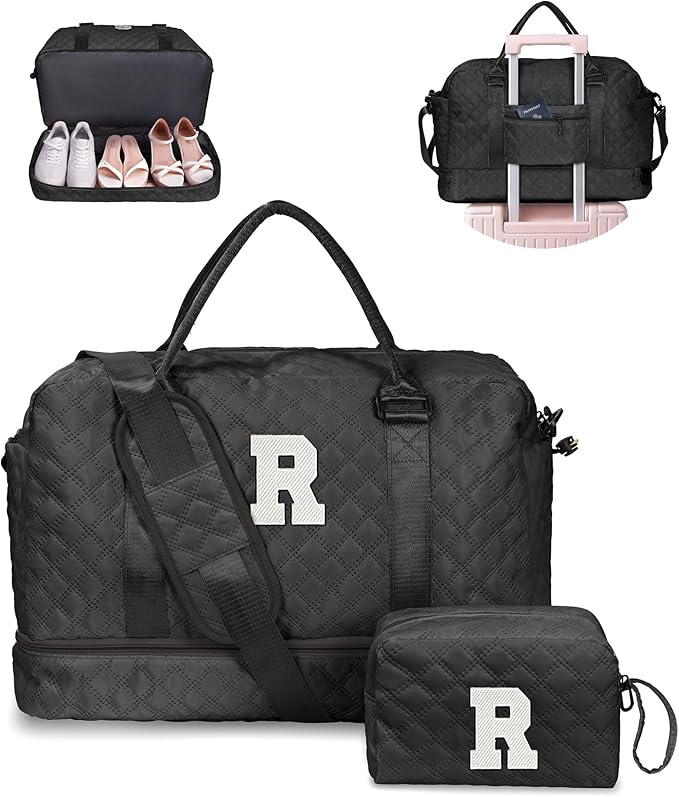 Easter Gifts for Teens-Duffle Bags, Personalized Weekender Bag with Shoulder Strap, Monogram Overnight Bags for Women Wet Pocket, Letter Travel Bag with Makeup Bag Gifts for Niece (Letter R)