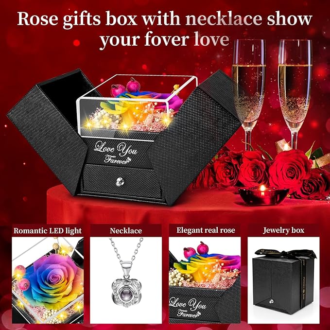 Preserved Color Real Rose with Heart I Love You Necklace -Eternal Flowers Rose Birthday Gifts for Women Her Mom Wife Girlfriend Grandma on Valentines Mothers Day Christmas Anniversary Romantic- Color