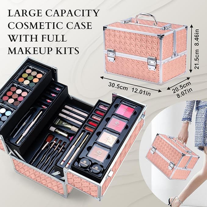Color Nymph Professional Makeup Set for Teens, Girls & Women - Full Kit with Storage Train Case, Beginner Cosmetics Kit with Eyeshadow, Blush, Lipstick, Lipgloss, Mascara & Tools - Pink